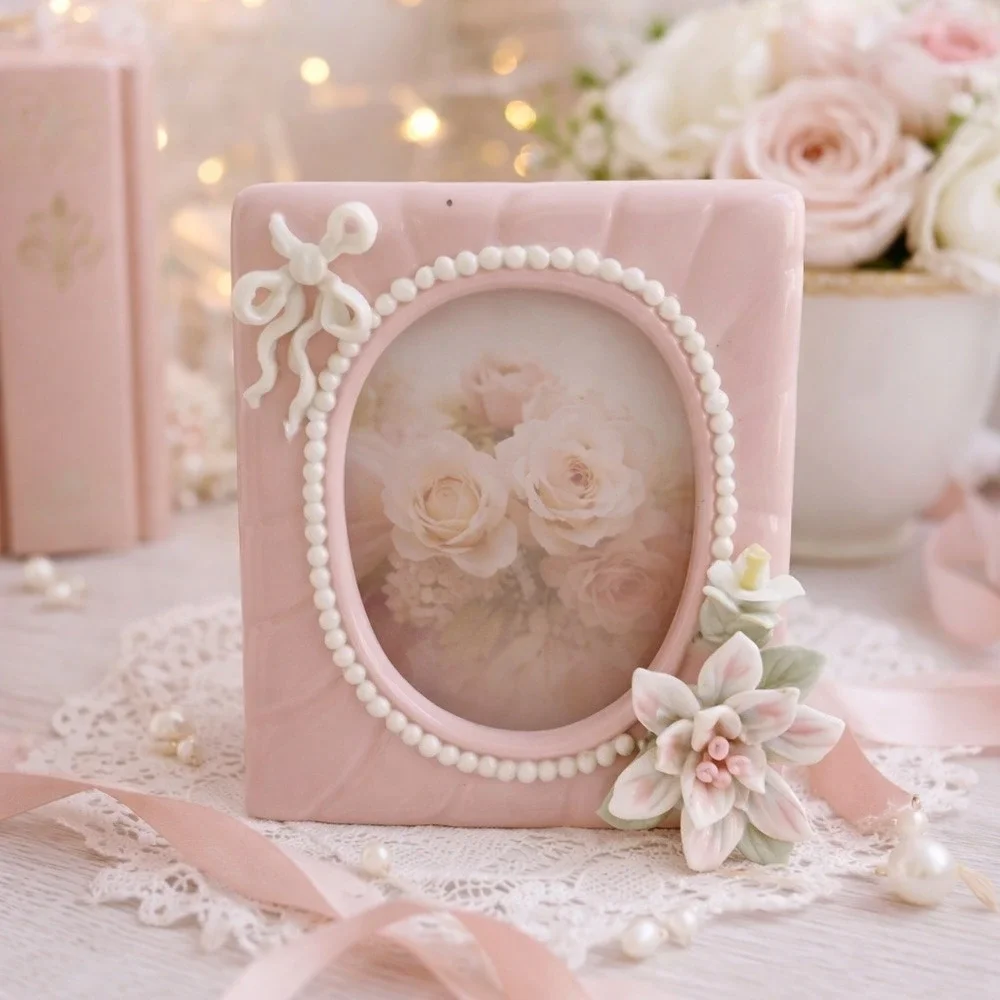 Vintage Pink Ceramic Mini Photo Frame Floral Bow Cottagecore Decor 4x4